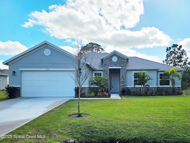 ranch-style home with a garage and a front yard