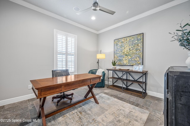 home office featuring crown molding and ceiling fan