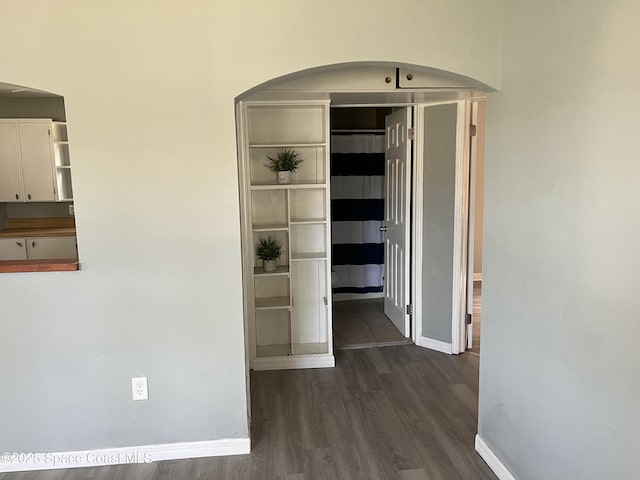 hallway with dark hardwood / wood-style floors and built in shelves