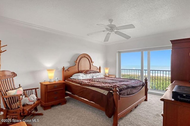 bedroom with light carpet, a water view, ceiling fan, and crown molding