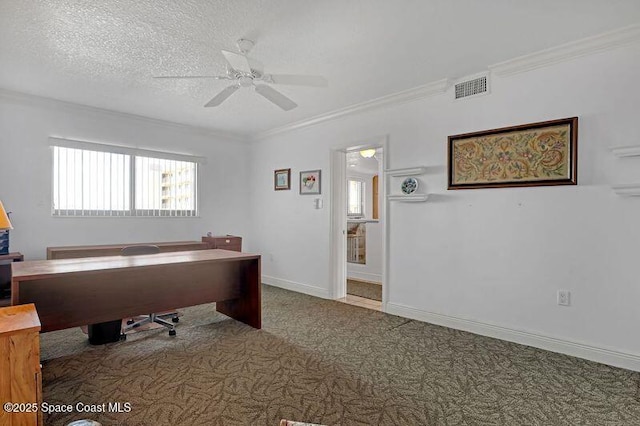 office with a textured ceiling, ceiling fan, and ornamental molding