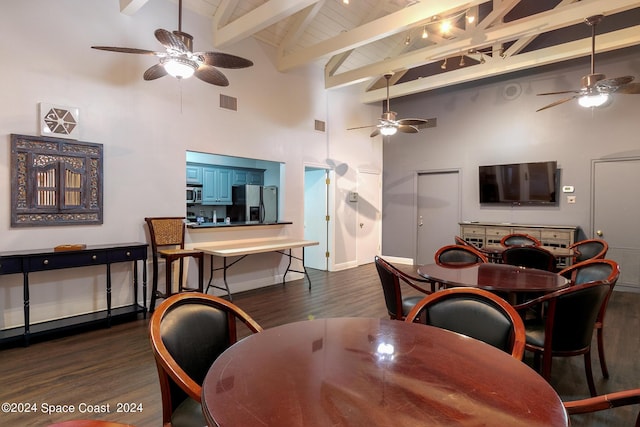 dining room with beam ceiling, high vaulted ceiling, wooden ceiling, and dark hardwood / wood-style floors