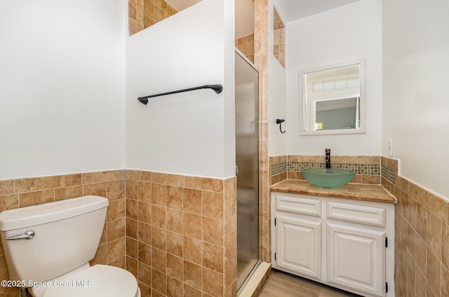 bathroom with vanity, toilet, tile walls, and a shower with shower door