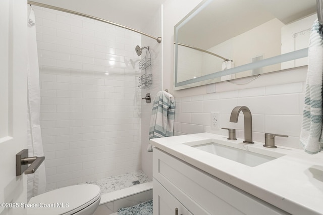 bathroom featuring tasteful backsplash, vanity, tile walls, toilet, and curtained shower