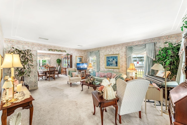 living room with light colored carpet