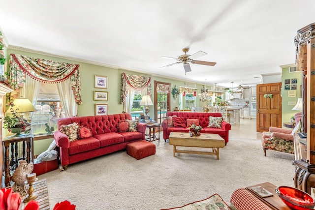 living room with ceiling fan and crown molding