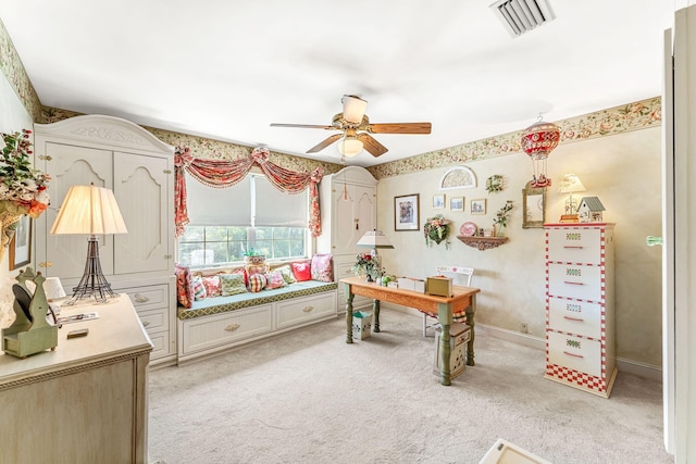 bedroom with light colored carpet and ceiling fan