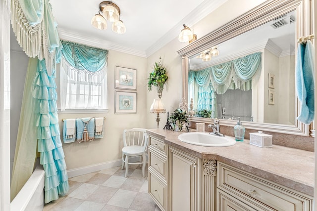 bathroom with tile patterned flooring, vanity, ornamental molding, and shower / bath combo with shower curtain