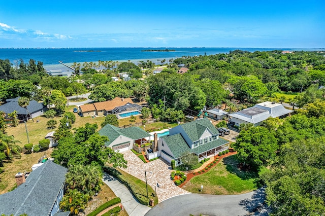 drone / aerial view featuring a water view