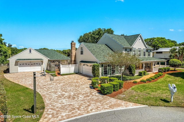 view of front of home with a porch, a garage, and a front yard