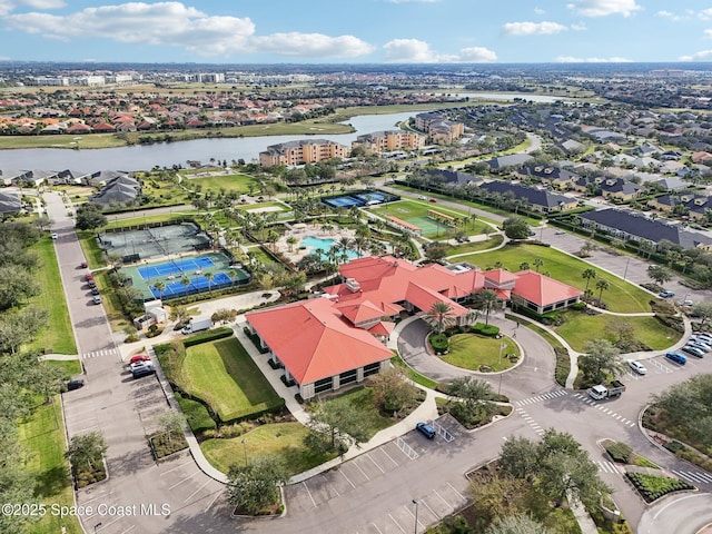 drone / aerial view featuring a water view