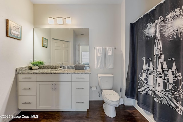 bathroom with vanity, wood-type flooring, and toilet