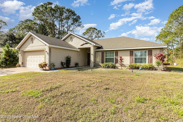 ranch-style home with a garage and a front yard