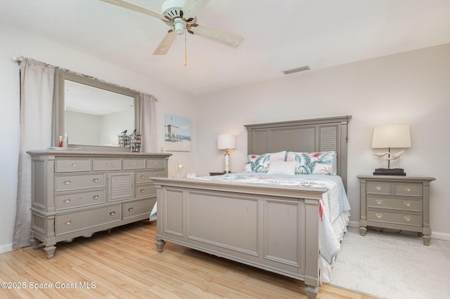 bedroom with light hardwood / wood-style floors and ceiling fan