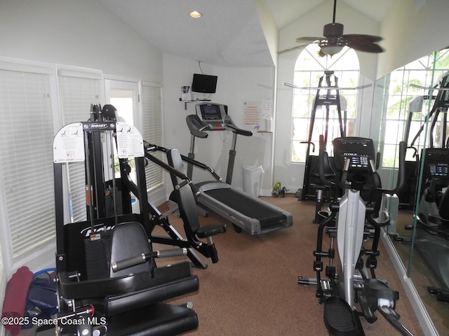 exercise room with ceiling fan, lofted ceiling, and carpet floors