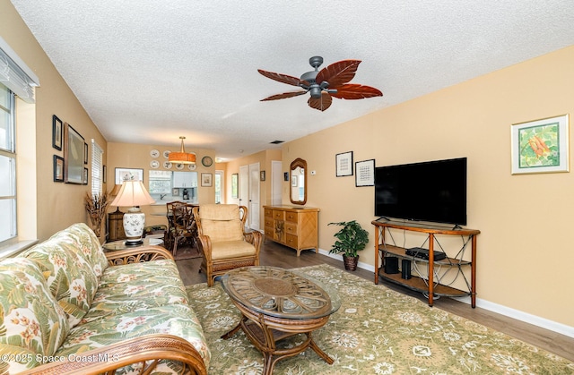 living room featuring ceiling fan, wood-type flooring, and a textured ceiling