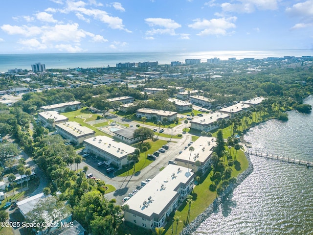 bird's eye view with a water view