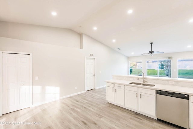 kitchen with white cabinets, dishwasher, lofted ceiling, sink, and ceiling fan