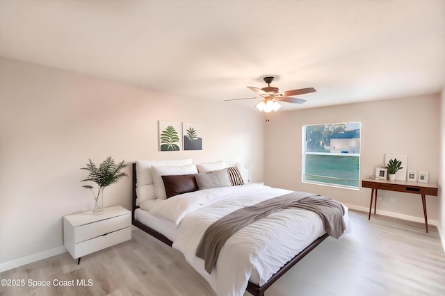 bedroom featuring ceiling fan and light hardwood / wood-style floors