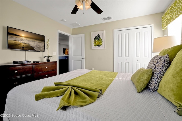 bedroom with ceiling fan and a closet