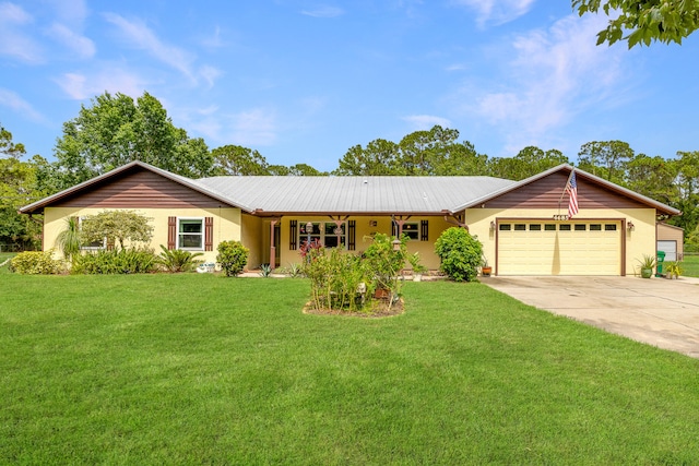 ranch-style home featuring a front yard and a garage