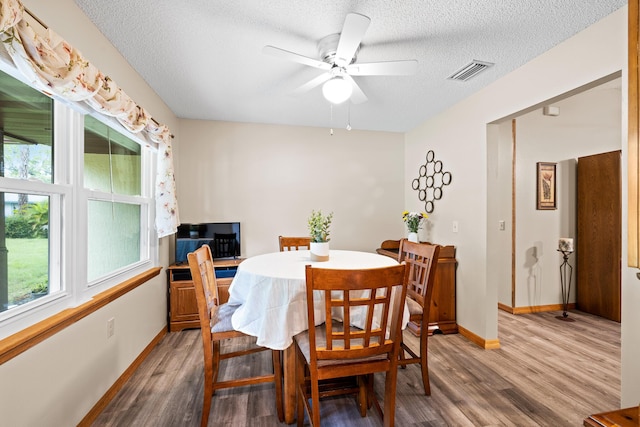 dining space featuring hardwood / wood-style floors, a wealth of natural light, and ceiling fan