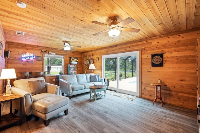 living room featuring hardwood / wood-style flooring, wooden walls, and wood ceiling