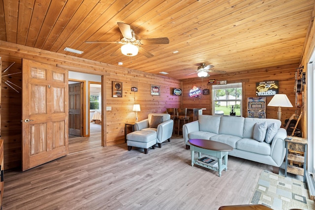 living room featuring hardwood / wood-style flooring, wooden ceiling, and wood walls