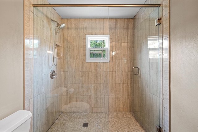 bathroom featuring a shower with shower door and toilet