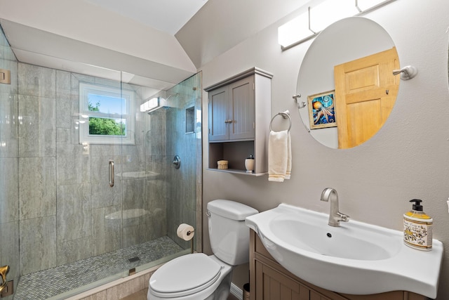 bathroom with vanity, toilet, and walk in shower