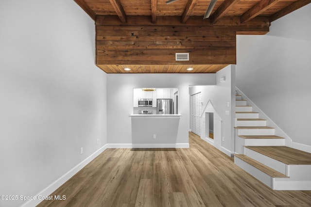 unfurnished living room with beamed ceiling, wooden ceiling, and hardwood / wood-style floors