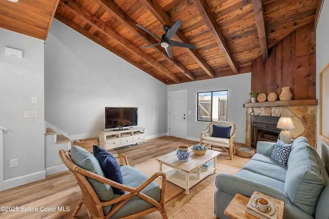 living room with beam ceiling, light hardwood / wood-style flooring, wood ceiling, ceiling fan, and high vaulted ceiling