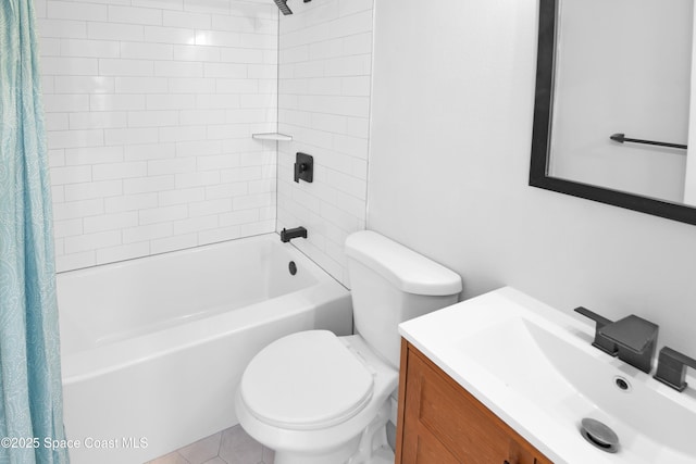 full bathroom featuring vanity, toilet, and shower / bathtub combination with curtain