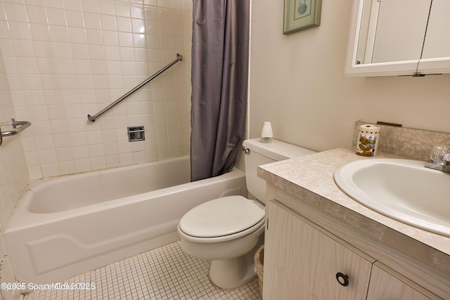 full bathroom featuring tile patterned floors, vanity, toilet, and shower / bathtub combination with curtain