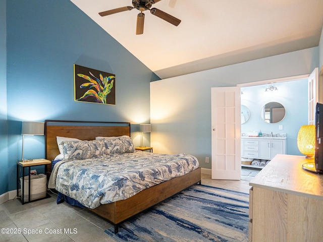 tiled bedroom featuring ensuite bathroom, high vaulted ceiling, and ceiling fan