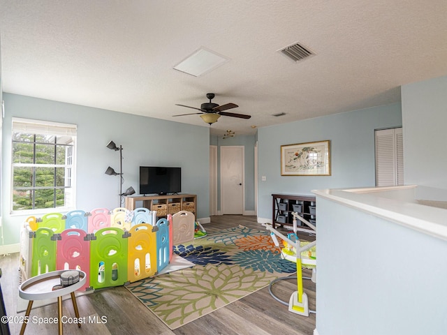 living room with ceiling fan, wood-type flooring, and a textured ceiling