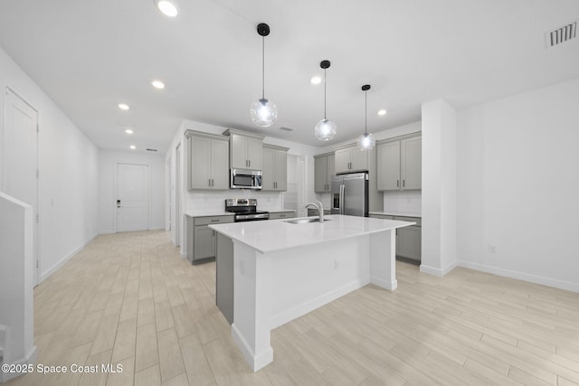 kitchen with stainless steel appliances, decorative backsplash, an island with sink, and gray cabinets