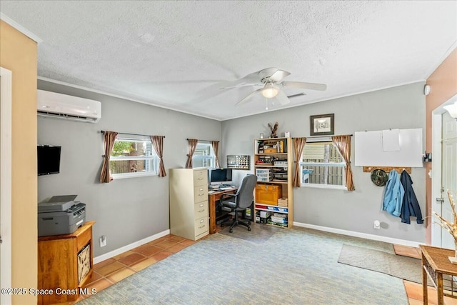 tiled home office featuring ceiling fan, a textured ceiling, and a wall mounted AC