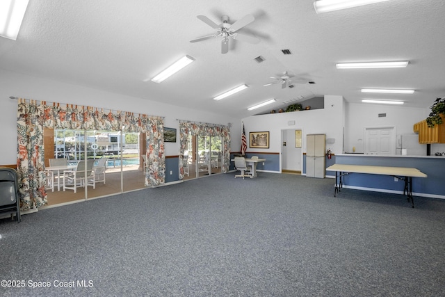 miscellaneous room with carpet, ceiling fan, a textured ceiling, and vaulted ceiling