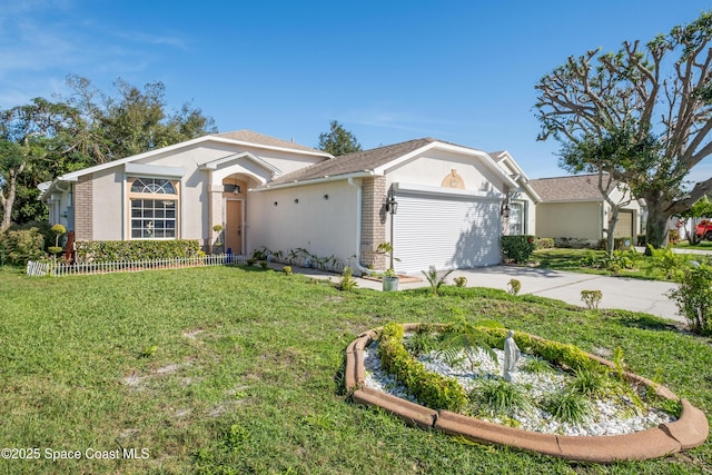 single story home featuring a garage and a front lawn