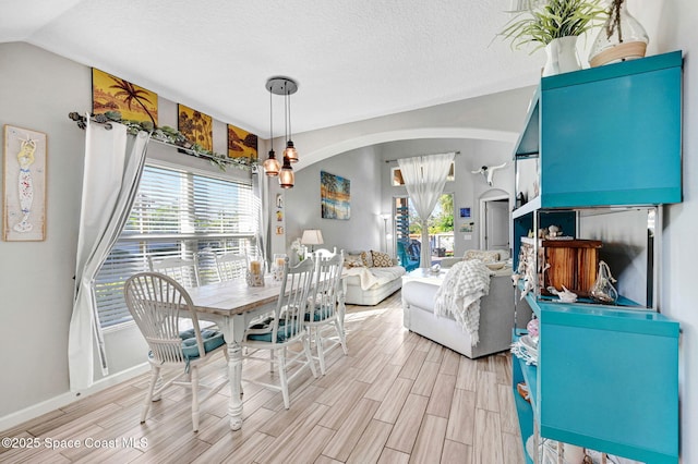 dining room featuring lofted ceiling and a textured ceiling