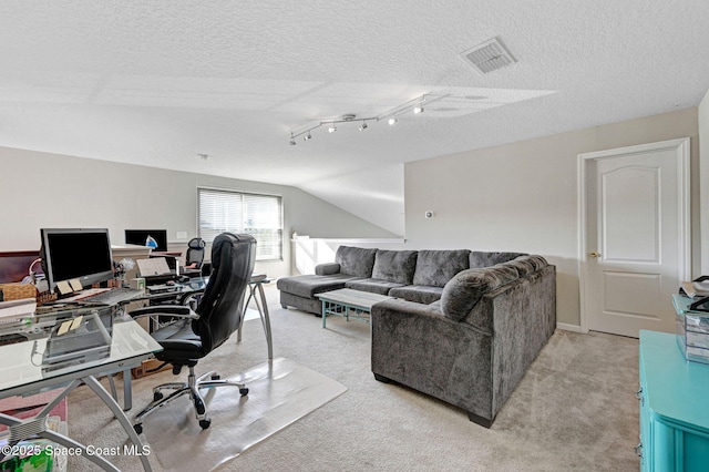 office featuring light colored carpet, a textured ceiling, and lofted ceiling