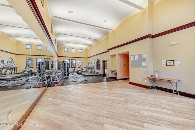 workout area featuring a towering ceiling and light hardwood / wood-style flooring