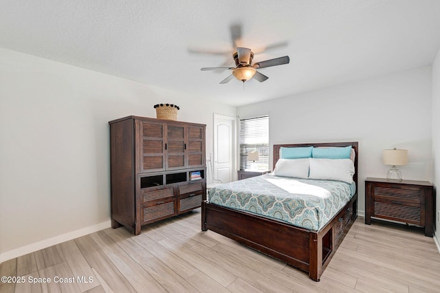 bedroom with ceiling fan and light hardwood / wood-style floors