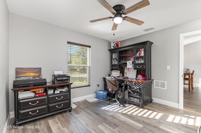 office area with ceiling fan and hardwood / wood-style floors