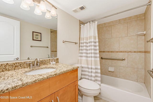 full bathroom featuring vanity, shower / bath combination with curtain, and toilet