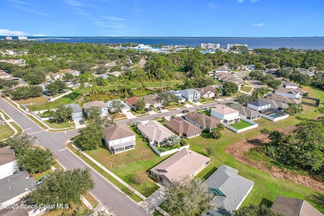 drone / aerial view featuring a water view