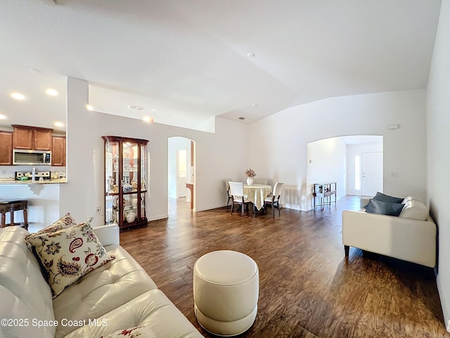 living room featuring dark hardwood / wood-style flooring and lofted ceiling