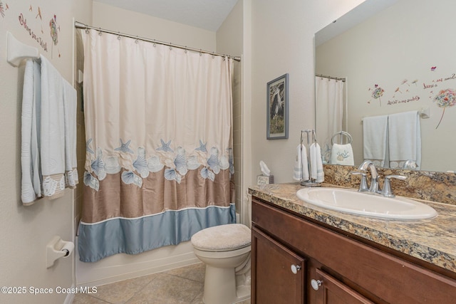 full bathroom with tile patterned floors, vanity, shower / bathtub combination with curtain, and toilet