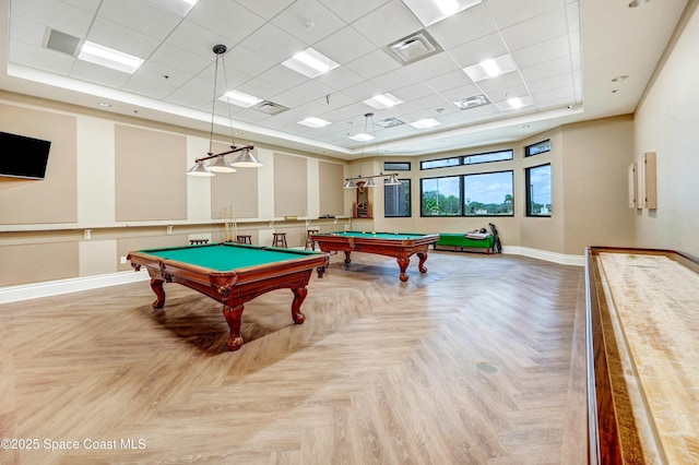 playroom with a paneled ceiling, parquet floors, and pool table